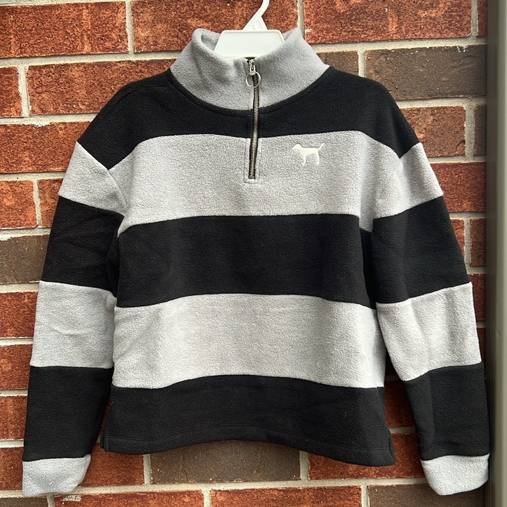 Victorias Secret PINK Fleece Stripe Pullover Quarter Zip Sweater - Picture 3 of 10